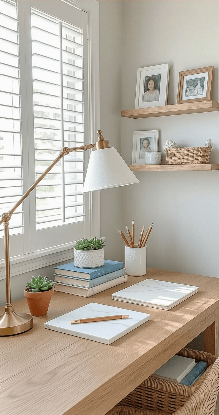 Coastal Granddaughter Dorm: Your Ultimate Styling Guide Intimate coastal-themed productivity corner featuring a compact wooden desk under a window, styled with a brass task lamp, vintage books in blues and creams, a white ceramic pencil holder, succulent garden in terracotta pots, and a white marble desk pad, complemented by a woven organizer, family photos on a floating shelf, and a light blue desk chair, all bathed in soft afternoon light.