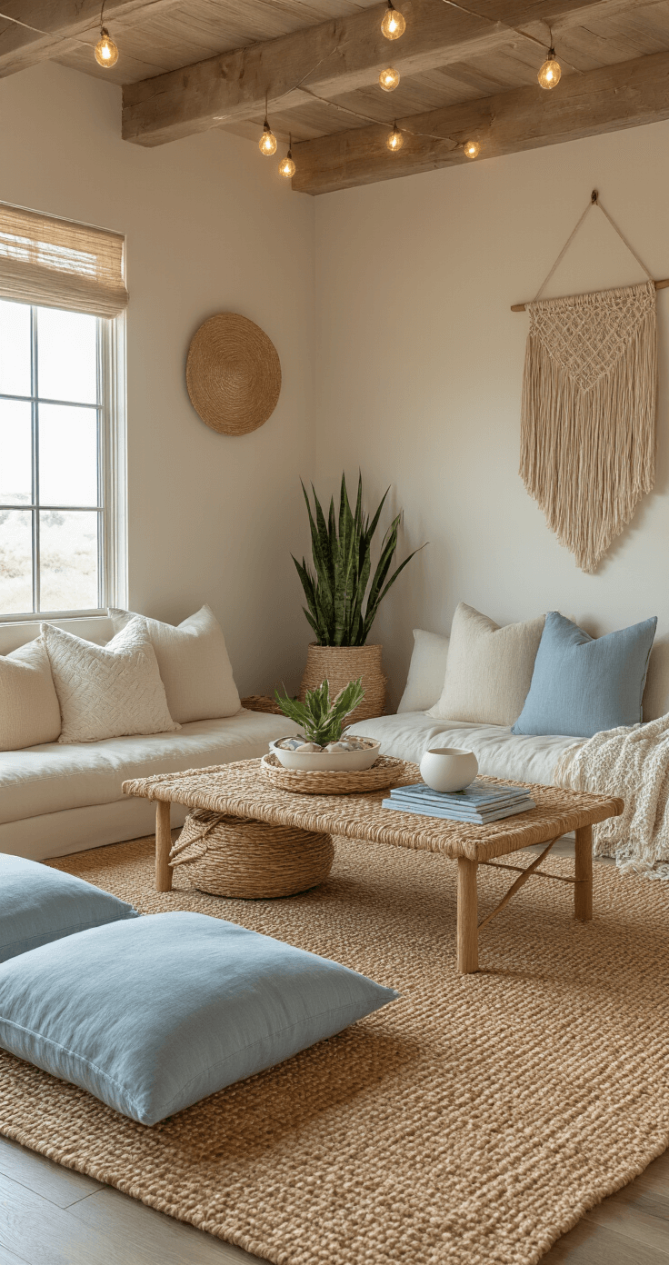 Coastal Granddaughter Dorm: Your Ultimate Styling Guide Cozy coastal-inspired seating area featuring a large jute area rug, oversized cushions in cream and blue, rattan storage basket as a coffee table, and ambient string lights, captured at floor level during golden hour.