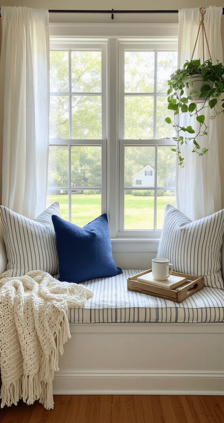 Coastal Granddaughter Dorm: Your Ultimate Styling Guide Cozy coastal granddaughter reading corner with a window nook, featuring a large double-hung window framed by sheer white curtains, a blue and white striped window seat, lumbar pillows, a vintage side table with a ceramic mug and paperback book, a brass magnifying glass, a cream throw blanket, and hanging pothos plants, all illuminated by soft morning light.