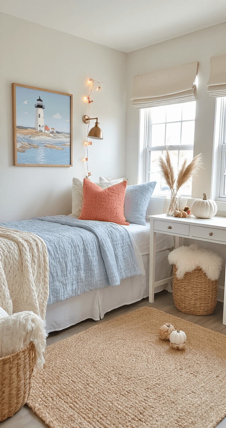 Coastal Granddaughter Dorm: Your Ultimate Styling Guide Coastal-themed dorm room transformation showcasing autumn accents, featuring a white and blue bed with coral pillows, a desk with a white pumpkin and pampas grass, seasonal art, layered rugs, updated window treatments, and cozy lighting.