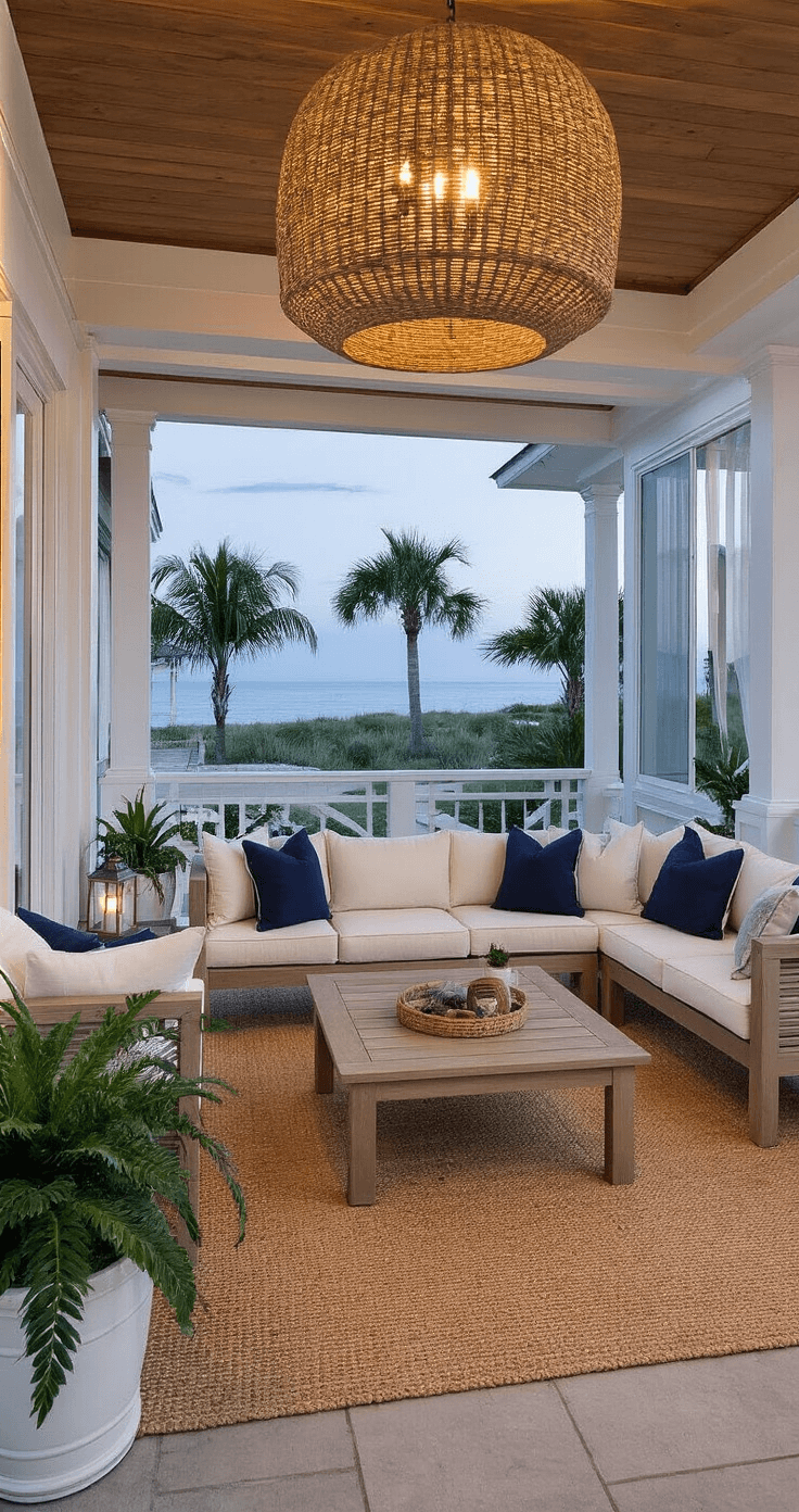 Elegant Coastal Decor: Transform Your Space into a Serene Seaside Retreat Coastal porch at twilight featuring a sectional sofa with cream cushions and navy pillows, a teak coffee table, woven pendant light, hurricane lanterns, and tropical plants, photographed from the interior with soft lighting and a view of the evening sky.