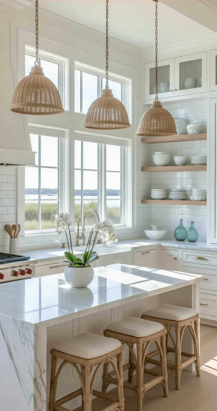 Elegant Coastal Decor: Transform Your Space into a Serene Seaside Retreat Sophisticated coastal kitchen with white shaker cabinets, large marble waterfall island, open shelving, farmhouse sink, and natural light streaming through clerestory windows, emphasizing a clean, airy atmosphere.