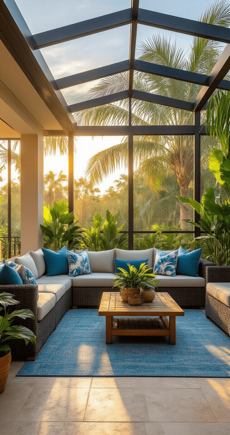 Spacious Florida lanai with 12-foot ceilings, floor-to-ceiling screen enclosure, and warm amber sunlight filtering through palm fronds, featuring a charcoal gray resin wicker sectional sofa, tropical plants, and a natural teak coffee table, creating a cozy tropical retreat atmosphere.