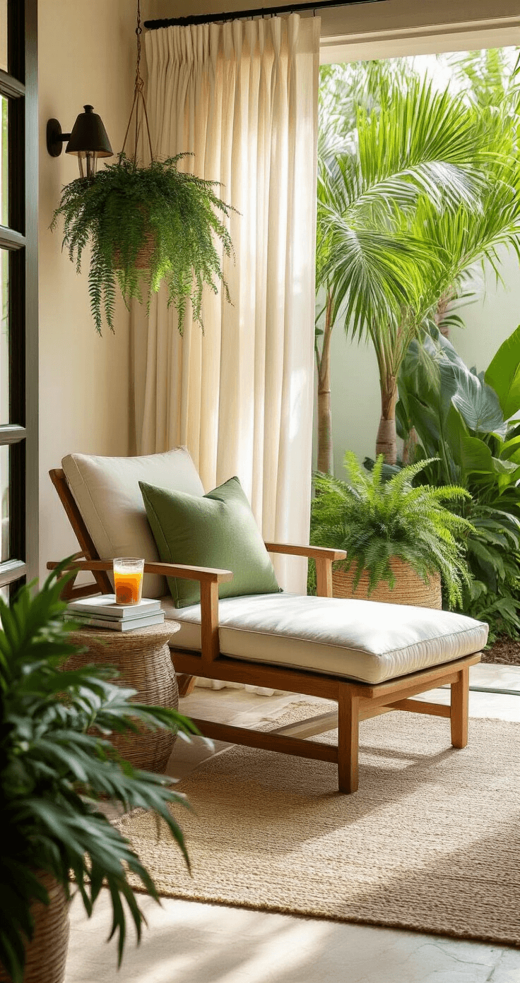 Cozy reading nook in a lanai corner, featuring a teak lounge chair with sage green cushions, side table, and potted plants, illuminated by natural light through cream sheer curtains.