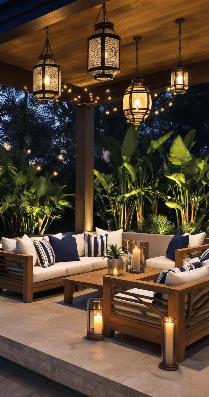 Sophisticated evening lanai with layered lighting, teak furniture in navy and cream upholstery, tropical plants, and a cozy atmosphere enhanced by glass hurricane candles and a fire bowl, creating a luxurious resort-like ambiance.