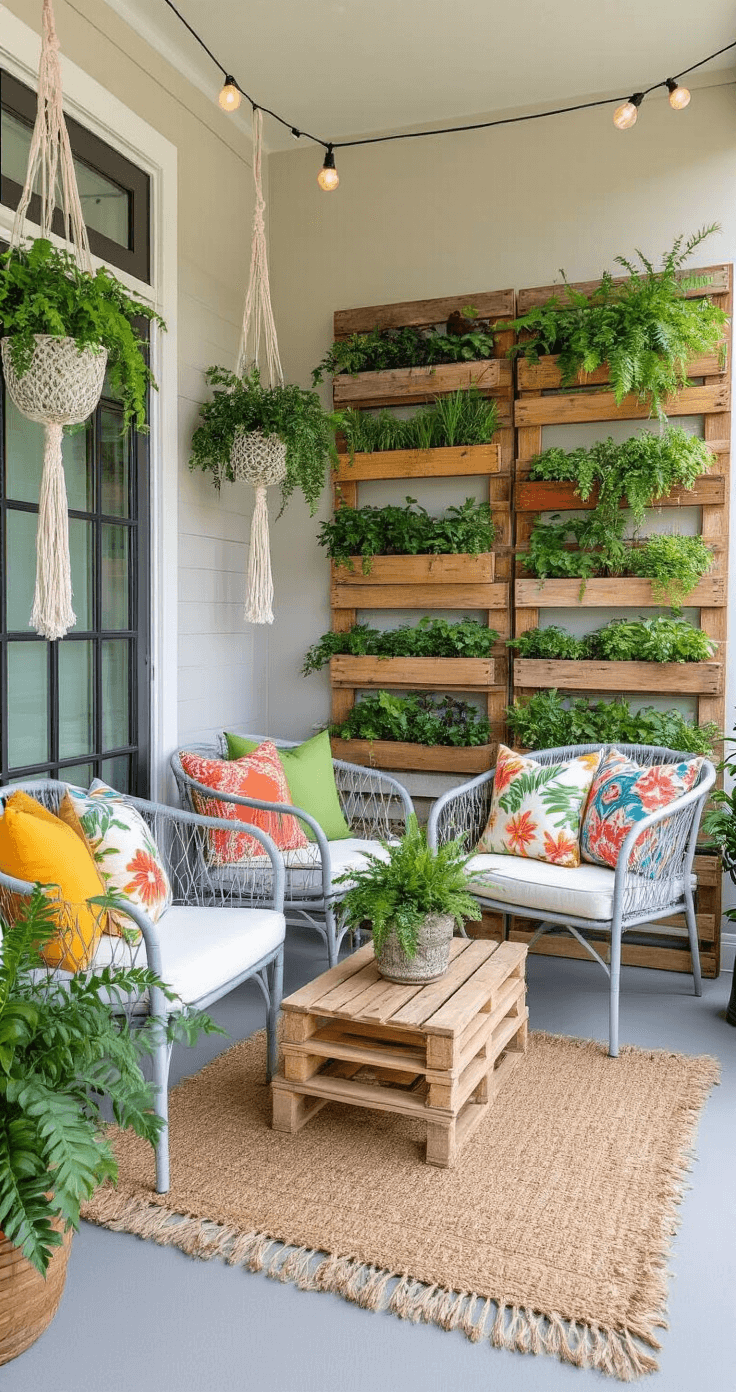 Budget-friendly lanai makeover featuring a DIY vertical garden, aluminum furniture with colorful pillows, macrame plant hangers with ferns, painted gray concrete floors, thrift store finds as planters and tables, string lights, and a jute rug, all under bright afternoon light.