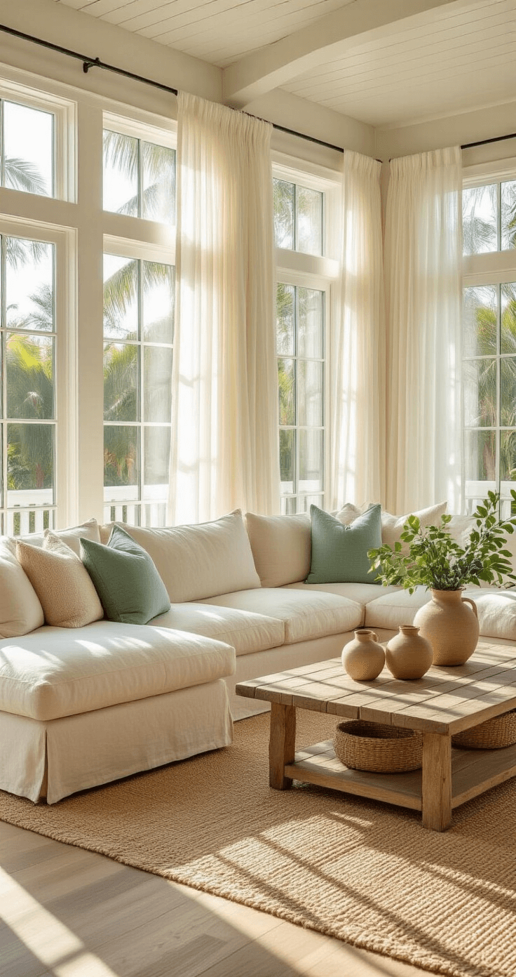 Creating Your Perfect Florida Room: A Sun-Soaked Sanctuary of Style and Comfort Photorealistic interior of a Florida room with floor-to-ceiling windows, cream sectional sofa with seafoam green and sandy beige pillows, natural jute rug, weathered wood coffee table with tropical vases, pale oak flooring, and white shiplap ceiling, all bathed in golden afternoon sunlight.