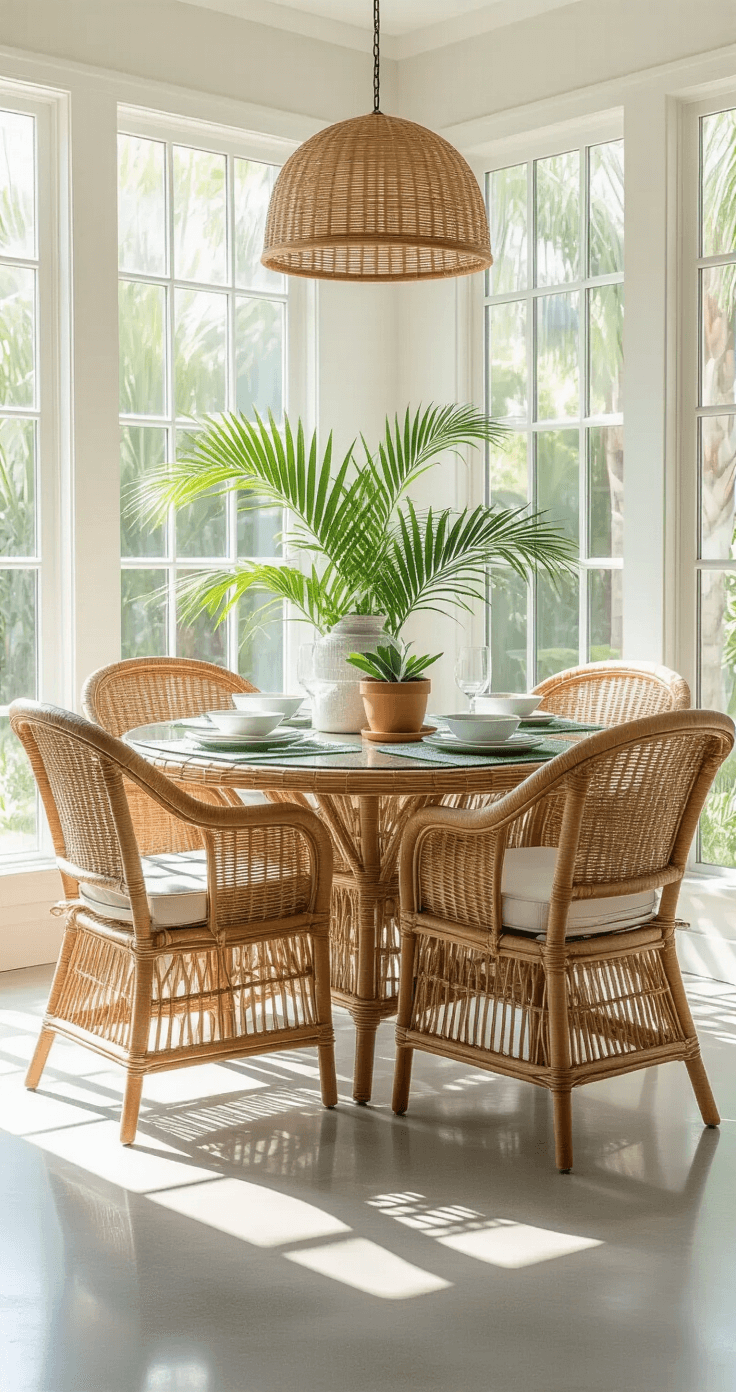 Creating Your Perfect Florida Room: A Sun-Soaked Sanctuary of Style and Comfort Bright Florida room featuring a natural rattan dining table with glass top, surrounded by cushioned wicker chairs in warm tones, illuminated by morning light through large casement windows, complemented by sage green table runner and palm plants in terracotta, with polished concrete floors reflecting shadows from pendant light.
