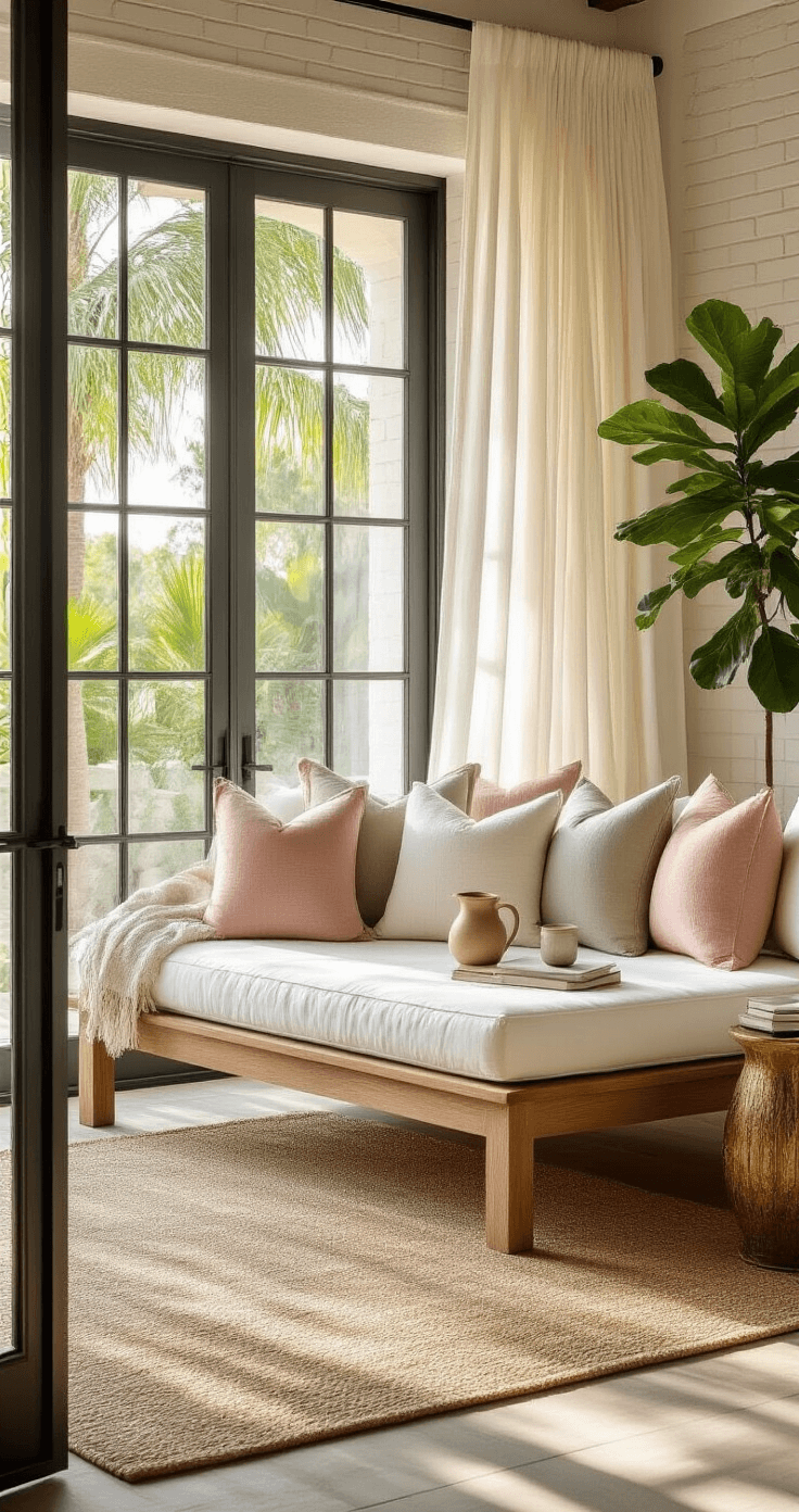 Creating Your Perfect Florida Room: A Sun-Soaked Sanctuary of Style and Comfort Luxurious outdoor daybed sanctuary with oversized teak frame, plush white cushions, and flowing linen canopy drapes, surrounded by palm fronds and dappled sunlight, featuring cream, dusty rose, and sage throw pillows against a whitewashed brick wall, natural seagrass flooring, vintage brass side table, and a potted fiddle leaf fig, captured in warm golden hour lighting.