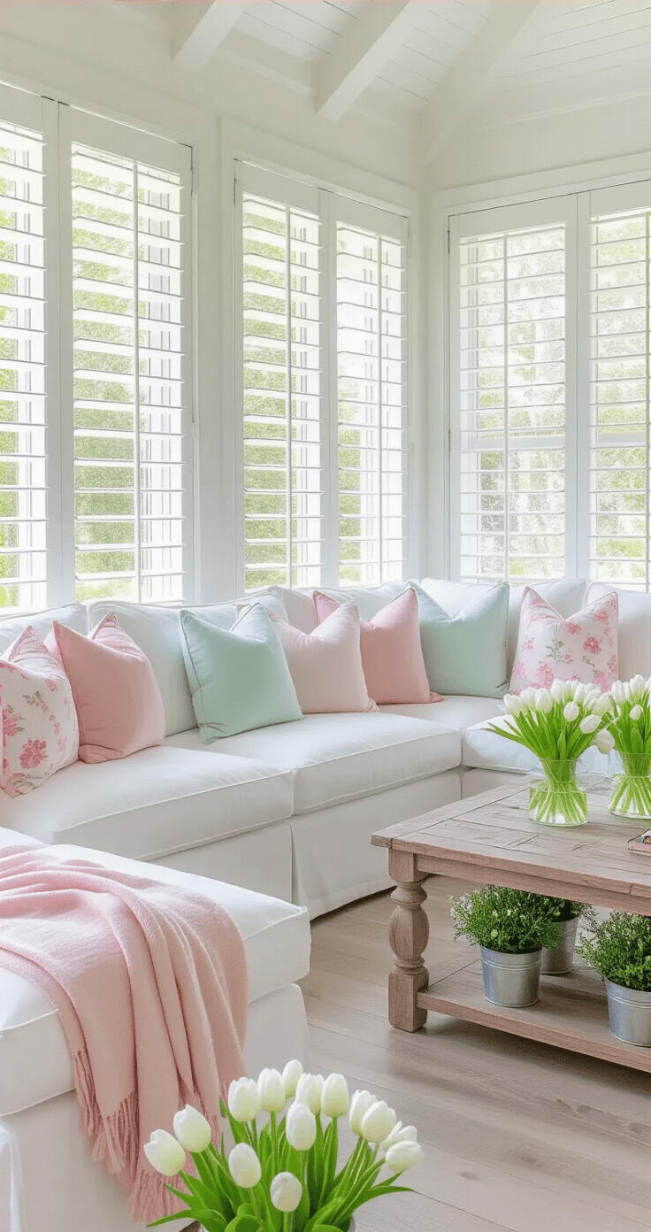 Creating Your Perfect Florida Room: A Sun-Soaked Sanctuary of Style and Comfort A vibrant Florida room featuring white slip-covered furniture with pastel accents, fresh spring flowers, and soft morning light streaming through plantation shutters, highlighting a cheerful and airy atmosphere.