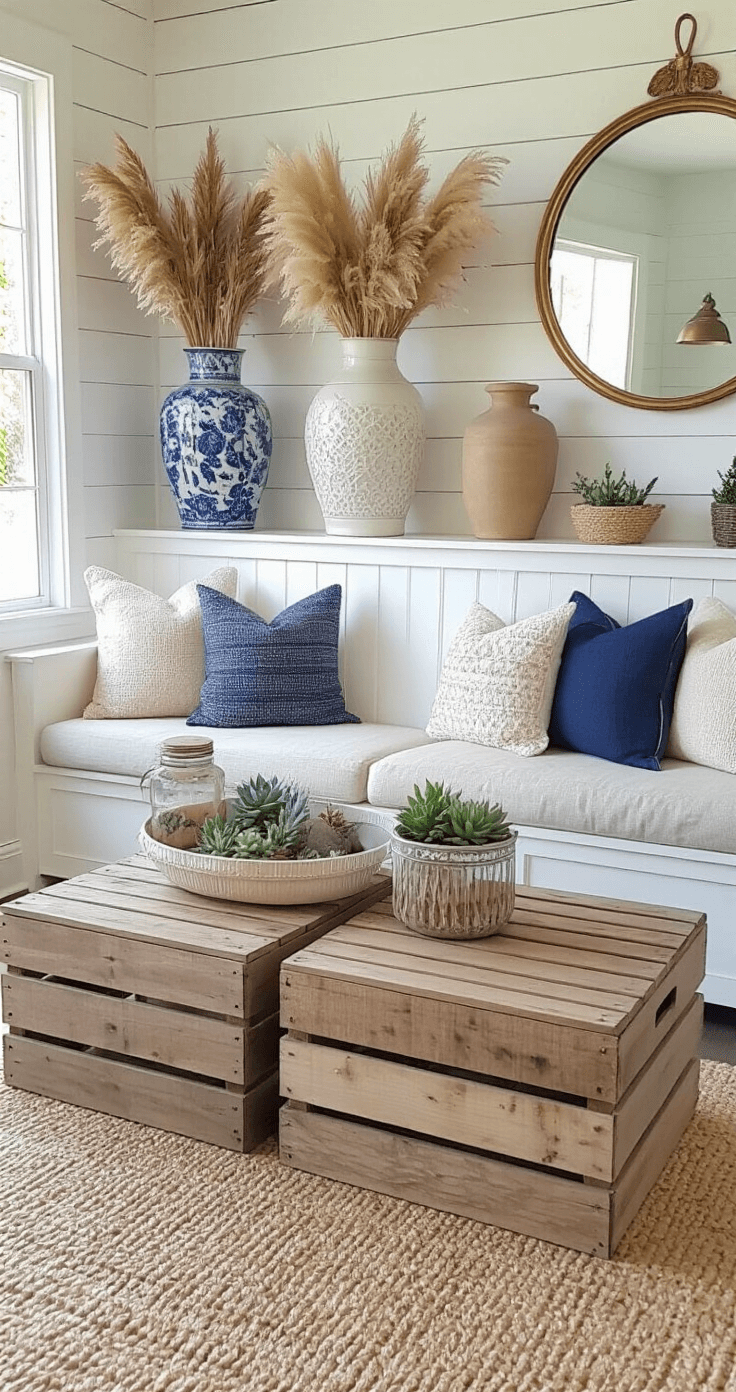 Creating Your Perfect Florida Room: A Sun-Soaked Sanctuary of Style and Comfort A cozy Florida room featuring thrifted decor, including vintage ceramic vases with pampas grass, mixed-pattern throw pillows on a neutral loveseat, repurposed wooden crate side tables with mason jar succulent planters, a jute area rug, and a vintage brass mirror, all illuminated by warm afternoon sunlight against shiplap walls.