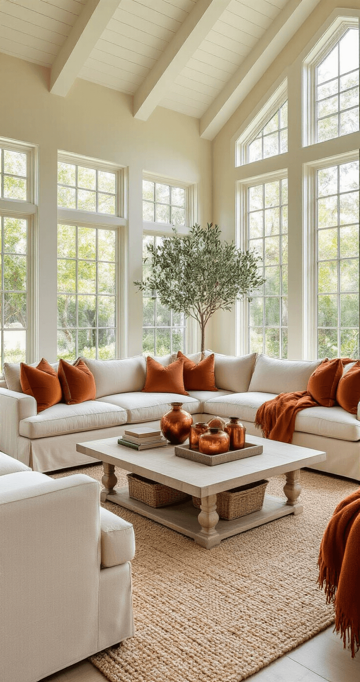 Creating Your Perfect Florida Room: A Sun-Soaked Sanctuary of Style and Comfort Elegant Florida room showcasing a 16x18 foot space with cathedral ceiling, featuring cream furniture, autumn accents in terracotta and copper, a large sectional overlooking a garden, textured wool rug, built-in storage benches, and potted olive trees, all bathed in soft afternoon light.