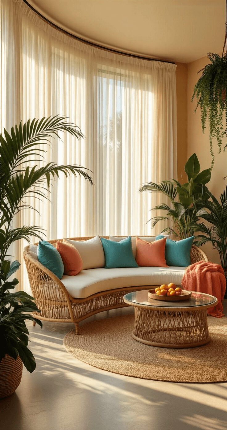 Photorealistic interior of a compact Florida room featuring a curved rattan sofa with cream cushions, large windows with sheer curtains, warm golden light casting shadows on polished concrete floors with a jute rug, tropical fruit on a glass coffee table, and lush greenery.