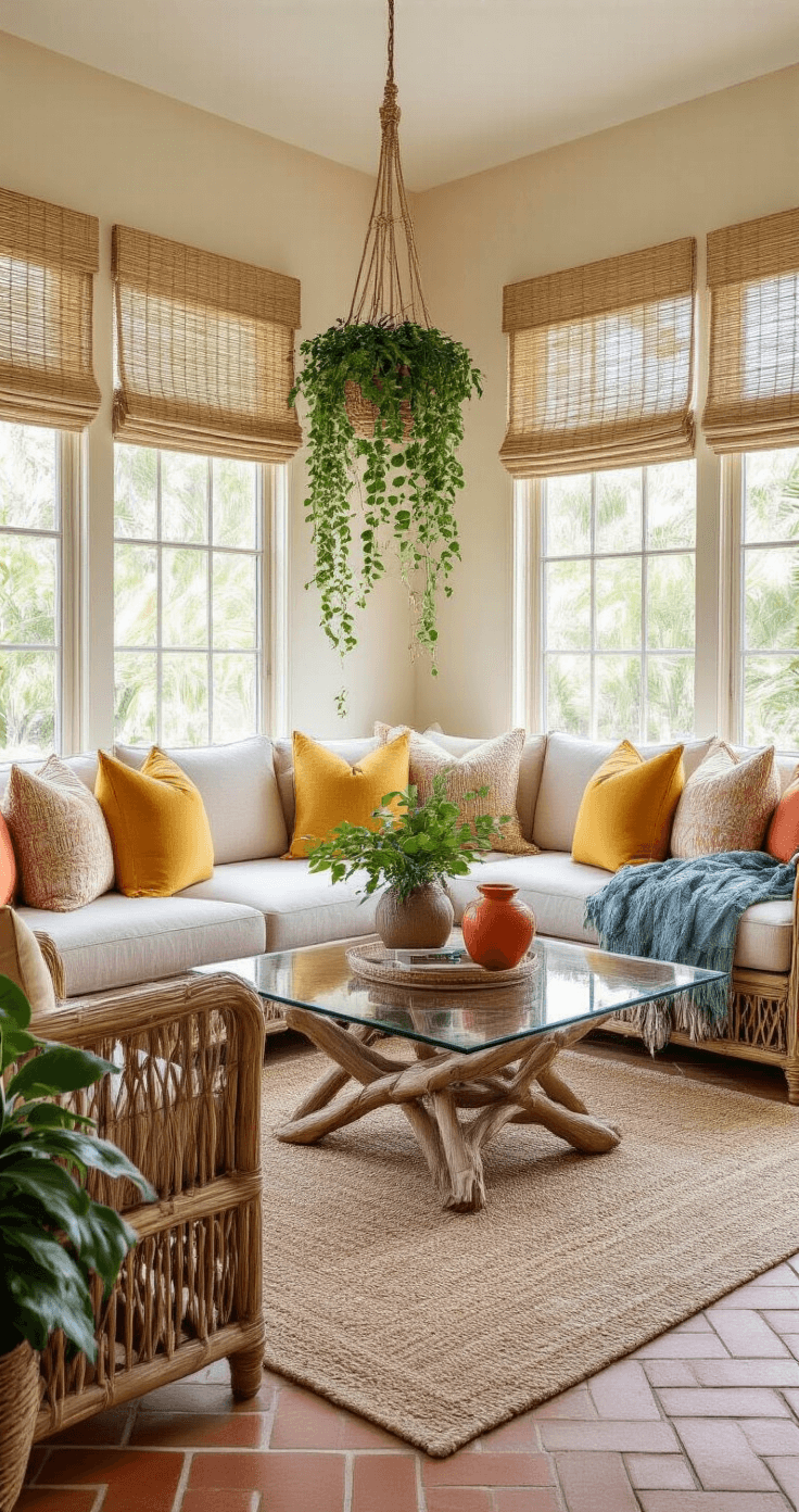 Afternoon interior of a Florida room with a sandy neutral sectional sofa facing large windows, bamboo Roman shades, and terracotta herringbone floor tiles. A central glass coffee table with driftwood base is surrounded by vibrant yellow accent pillows, coral ceramic accessories, and soft blue throw blankets. Hanging macrame planters with trailing pothos add vertical interest, complemented by woven wall hangings and rattan furniture. Shot from an elevated corner angle capturing natural light patterns.
