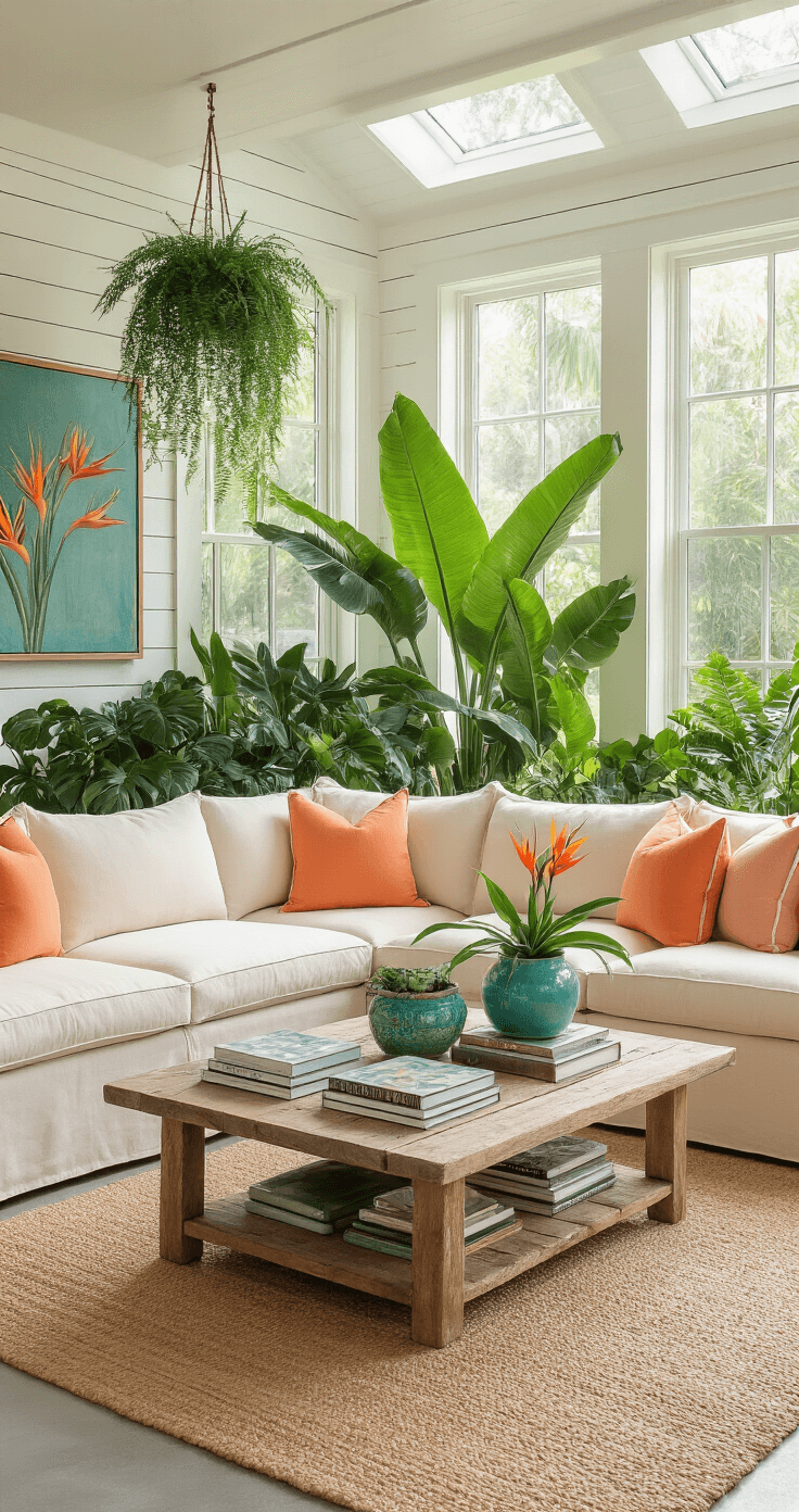 Bright Florida room filled with tropical plants and natural light, featuring cream sectional seating around a reclaimed teak coffee table, whitewashed shiplap walls, and a natural sisal rug over polished concrete floors.