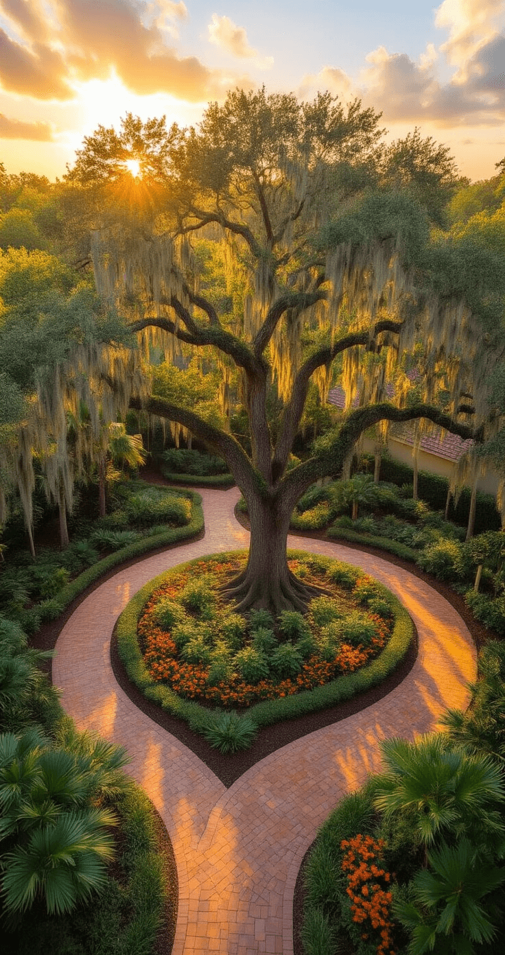 Aerial view of a Florida backyard in golden hour, featuring a mature Live Oak with Spanish moss, surrounded by Sabal Palms, Southern Magnolias, and Firebush, with warm amber light casting shadows on dark mulch pathways and natural stone accents.