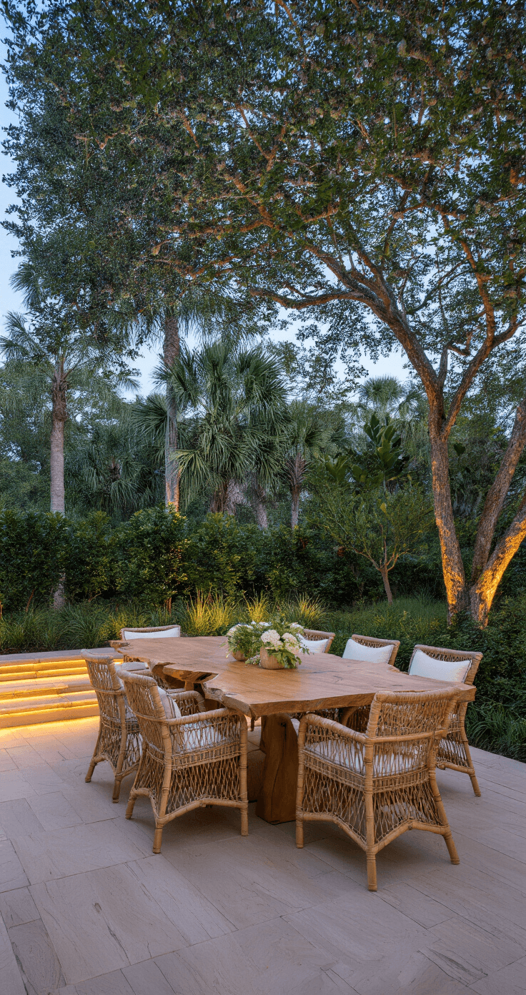 Sophisticated outdoor dining area featuring a live-edge cypress table and natural rattan chairs, surrounded by native Florida plants and illuminated by subtle landscape lighting during the blue hour.