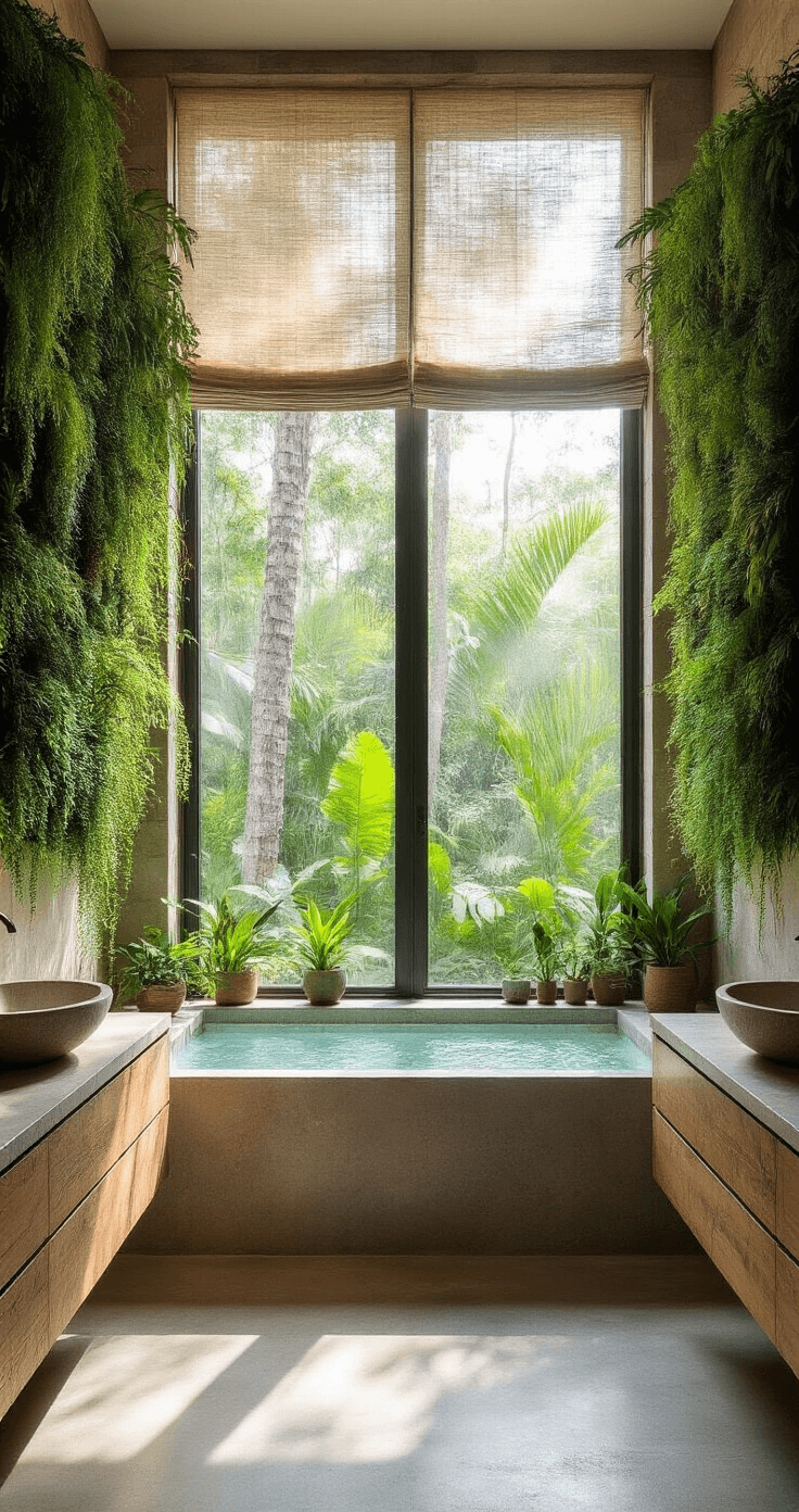 Luxurious master bathroom featuring a living wall of native Florida plants, a freestanding stone bathtub, polished concrete floors, floating weathered wood vanities with coral stone sinks, and soft morning light filtering through frosted glass windows, creating a serene tropical spa atmosphere.