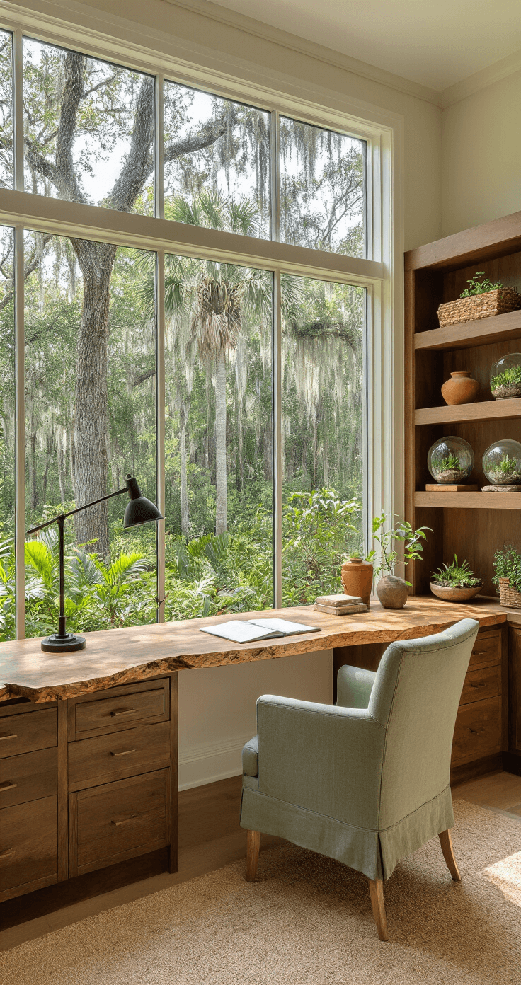 Elegant home office with panoramic views of a native Florida woodland garden, featuring a Live Oak desk, floor-to-ceiling windows, and natural decor with native plants, all bathed in warm afternoon light.