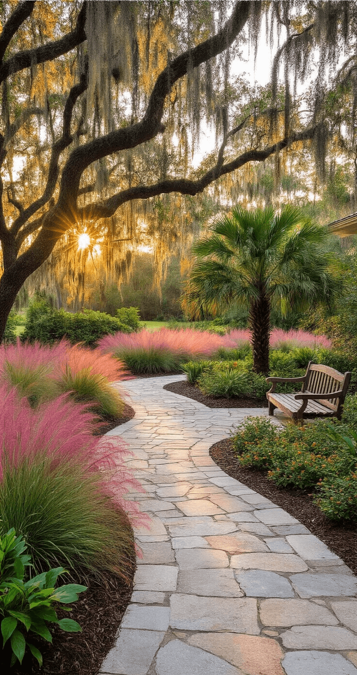 Welcoming front entrance courtyard in Florida, featuring a Sabal Palm, pink Muhly grass, orange Firebush, and weathered limestone pathways, with a rustic cypress bench under Live Oak branches, all illuminated during golden hour.