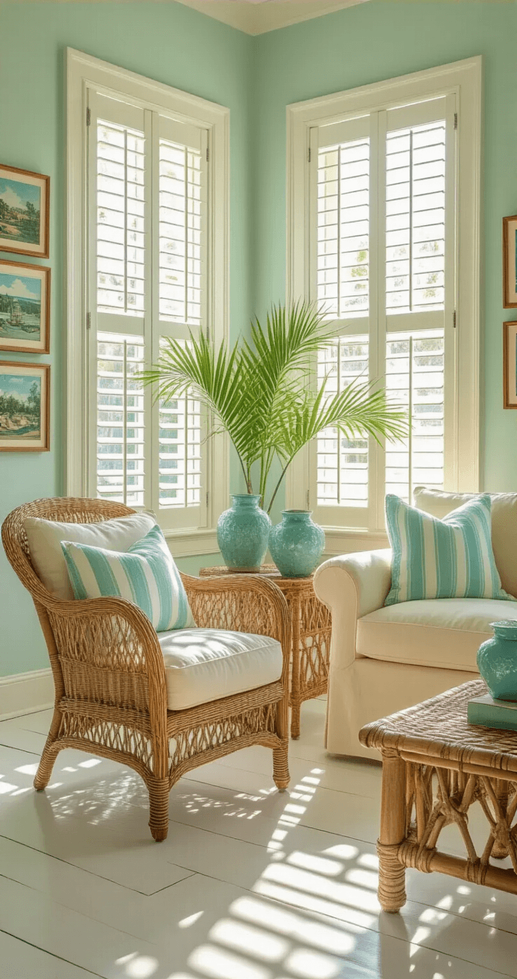 Photorealistic interior of a sunlit Old Florida living room featuring a vintage rattan armchair, tall windows with plantation shutters, whitewashed oak floors, mint green accent walls, and a pale yellow sofa with striped pillows, all enhanced by golden morning light and layered textures.