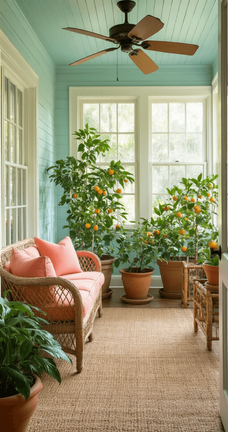 Intimate old Florida sunroom bathed in golden hour light, featuring vintage rattan loveseat, potted citrus trees, seafoam blue wood paneling, and antique brass ceiling fan, evoking coastal charm.