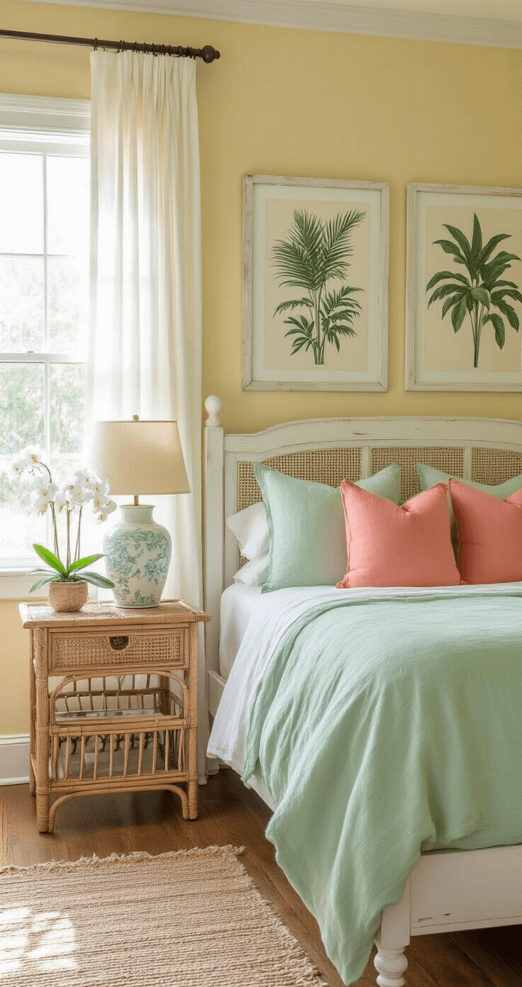 Vintage Florida bedroom with sunlit pale yellow walls, weathered white platform bed in mint green bedding, coral pillows, rattan nightstand, and tropical palm prints above the headboard. Fresh orchids on a bamboo dresser and reclaimed wood floors partially covered by a natural fiber rug. Shallow depth of field emphasizes the serene atmosphere.