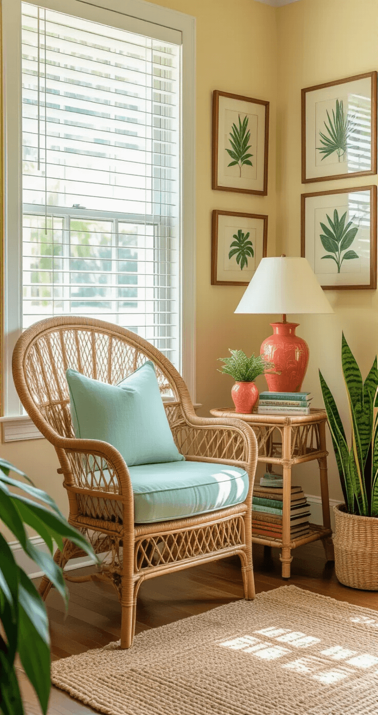 Cozy reading corner in old Florida featuring a vintage rattan peacock chair with mint green cushion by a tall window, illuminated by soft afternoon light, with a bamboo side table of vintage books and coral lamp, surrounded by tropical plants and botanical prints.