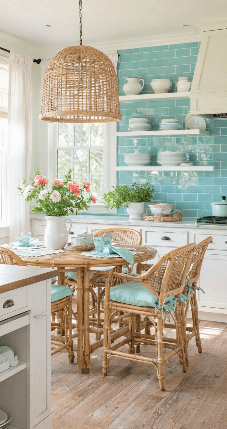 Authentic Old Florida kitchen breakfast area featuring weathered white cabinets, seafoam blue subway tile, and sunlight streaming through cafe curtains onto a bamboo breakfast table surrounded by rattan stools with coral cushions; open shelving showcases ceramic dishes and vintage glassware, complemented by a hanging rattan light fixture and fresh tropical flowers in a pitcher, all highlighting a charming coastal vibe.