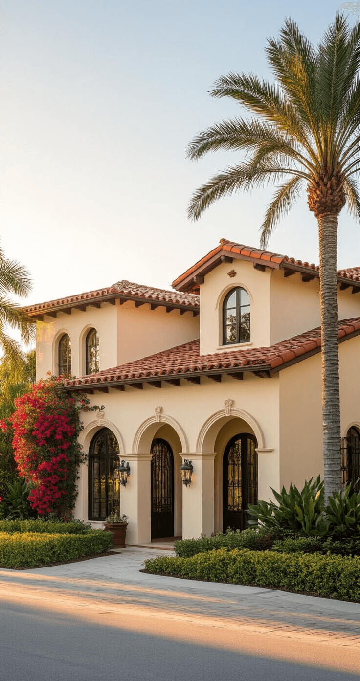 Mediterranean Revival Florida home exterior at golden hour, featuring creamy beige stucco walls, gleaming terracotta roof tiles, arched windows with dark wrought-iron details, and a curved doorway, framed by mature palm trees and vibrant bougainvillea, all under a dramatic sky.
