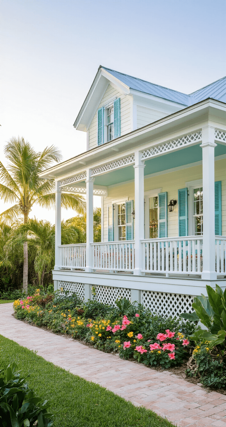 Key West coastal home with a wraparound porch, white siding, and pastel blue shutters, surrounded by tropical landscaping in morning light.