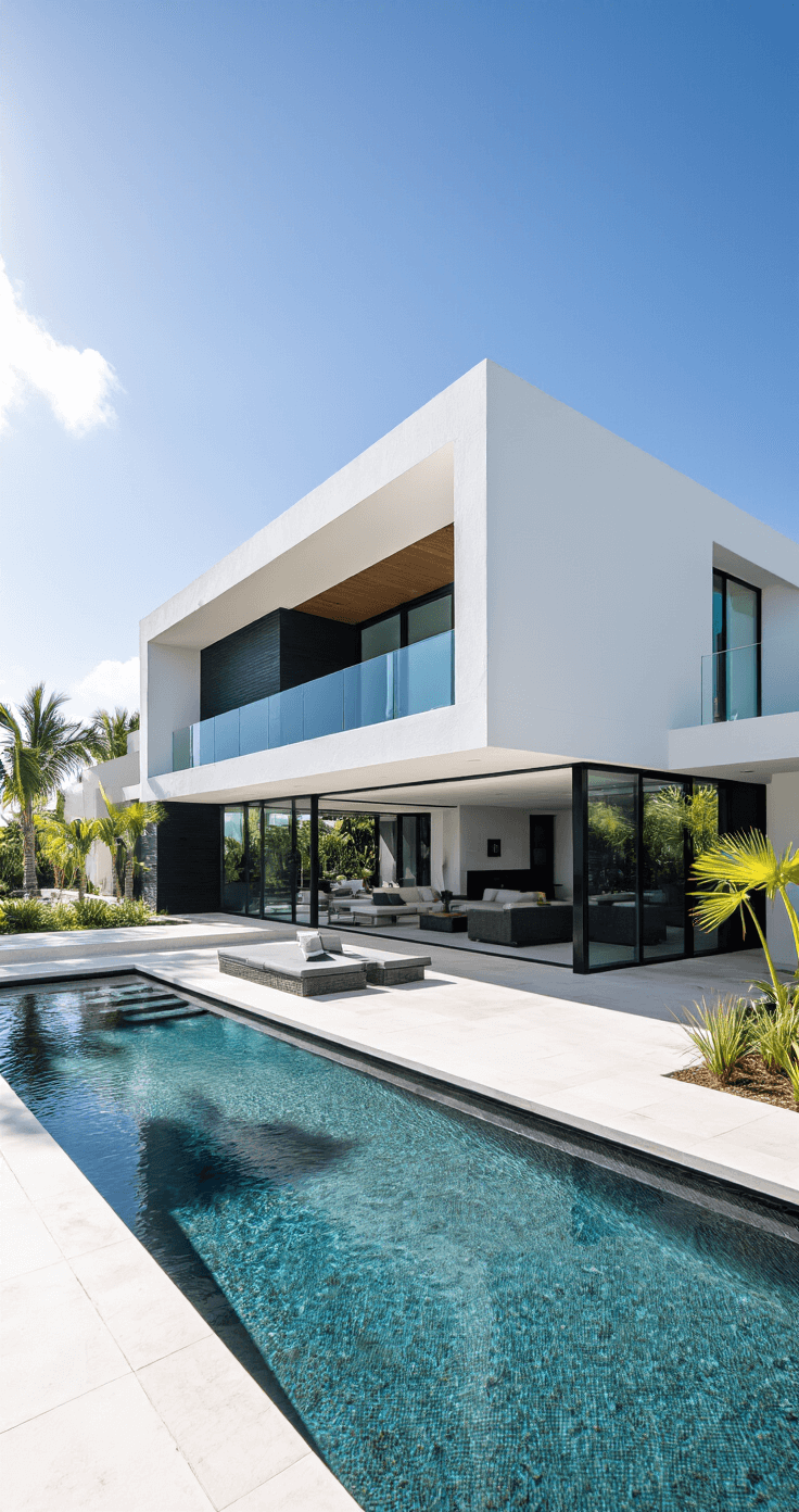 Contemporary Florida home with geometric lines and floor-to-ceiling glass panels, featuring a flat concrete roof and minimalist design, surrounded by structured palm plantings and an infinity pool, captured from an elevated angle under bright midday sun.