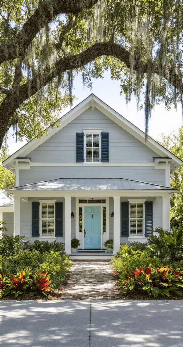 Wide shot of a Florida ranch home showcasing a heat-reflective color scheme, featuring light gray siding, white trim, and a pale blue front door, framed by mature oak trees and colorful croton plants under peak afternoon sun, highlighting the contrast between light colors and dark shutters with a bright, airy atmosphere.