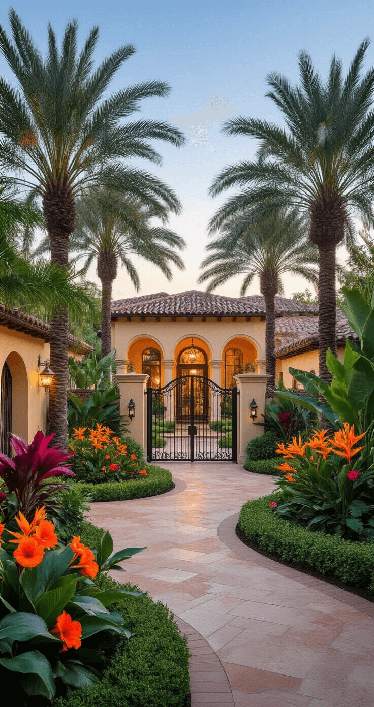 Tropical landscaping surrounds a Mediterranean-style home at sunset, featuring royal palms, bird of paradise, and hibiscus flowers against warm stucco. Architectural details include an arched loggia and tile roof, with a vibrant color palette of terracotta, greens, and oranges. Golden hour light casts dappled shadows, highlighting the blend of hardscape and softscape elements.