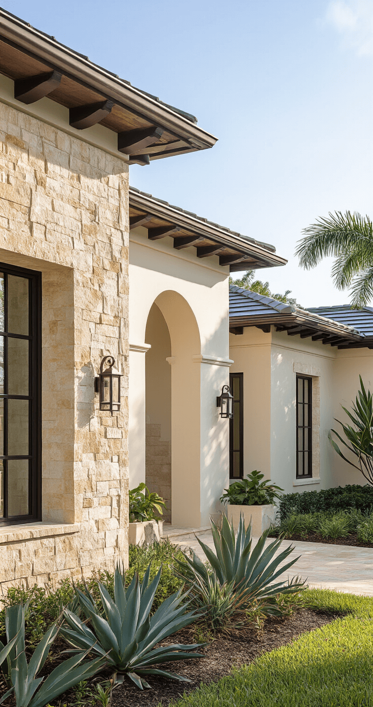 Detailed architectural showcase of a Florida exterior design featuring a blend of smooth cream stucco, coral limestone stone walls, and brushed aluminum roofing, with structured landscaping of agave and ornamental palms, all captured in bright morning light to highlight material transitions and color coordination.