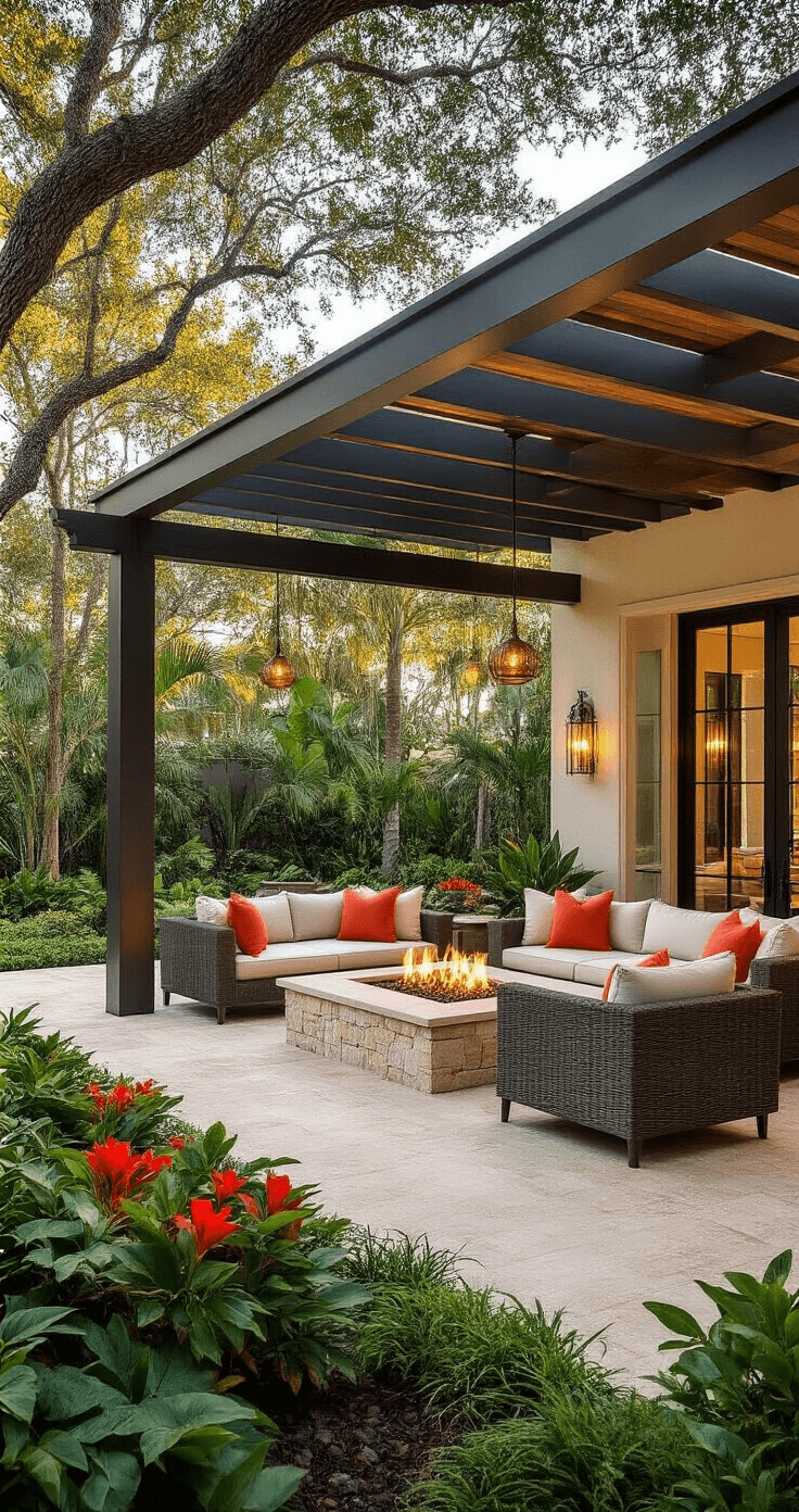 Luxurious South Florida outdoor living space during golden hour featuring a spacious covered patio with modern aluminum pergola, plush furniture, natural stone fire pit, and vibrant landscaping.