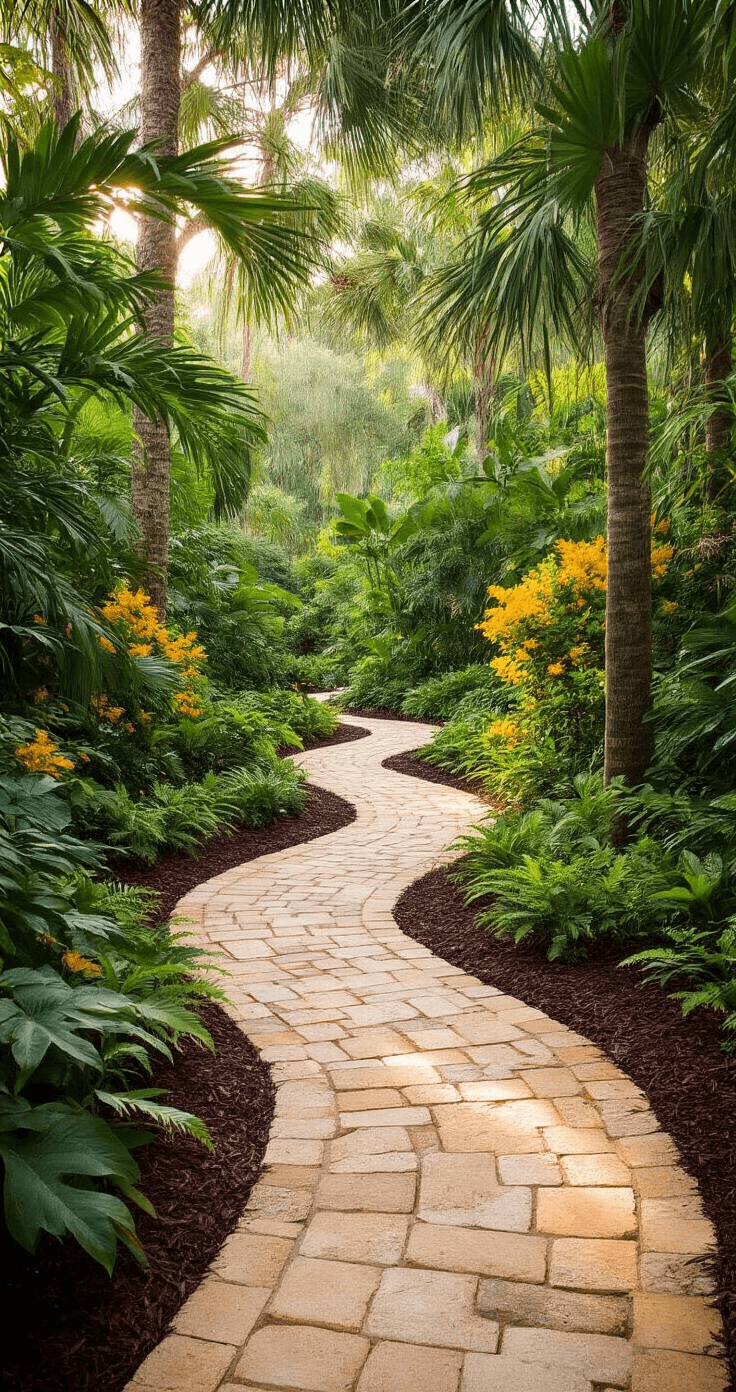 Intimate tropical garden pathway with a meandering stone walkway, dense Florida plant layers, tall Slash Pines, bright yellow Bahama Senna shrubs, glossy Croton leaves, delicate ferns, dark mulch, weathered limestone boulders, low-voltage lighting, and dappled sunlight patterns.