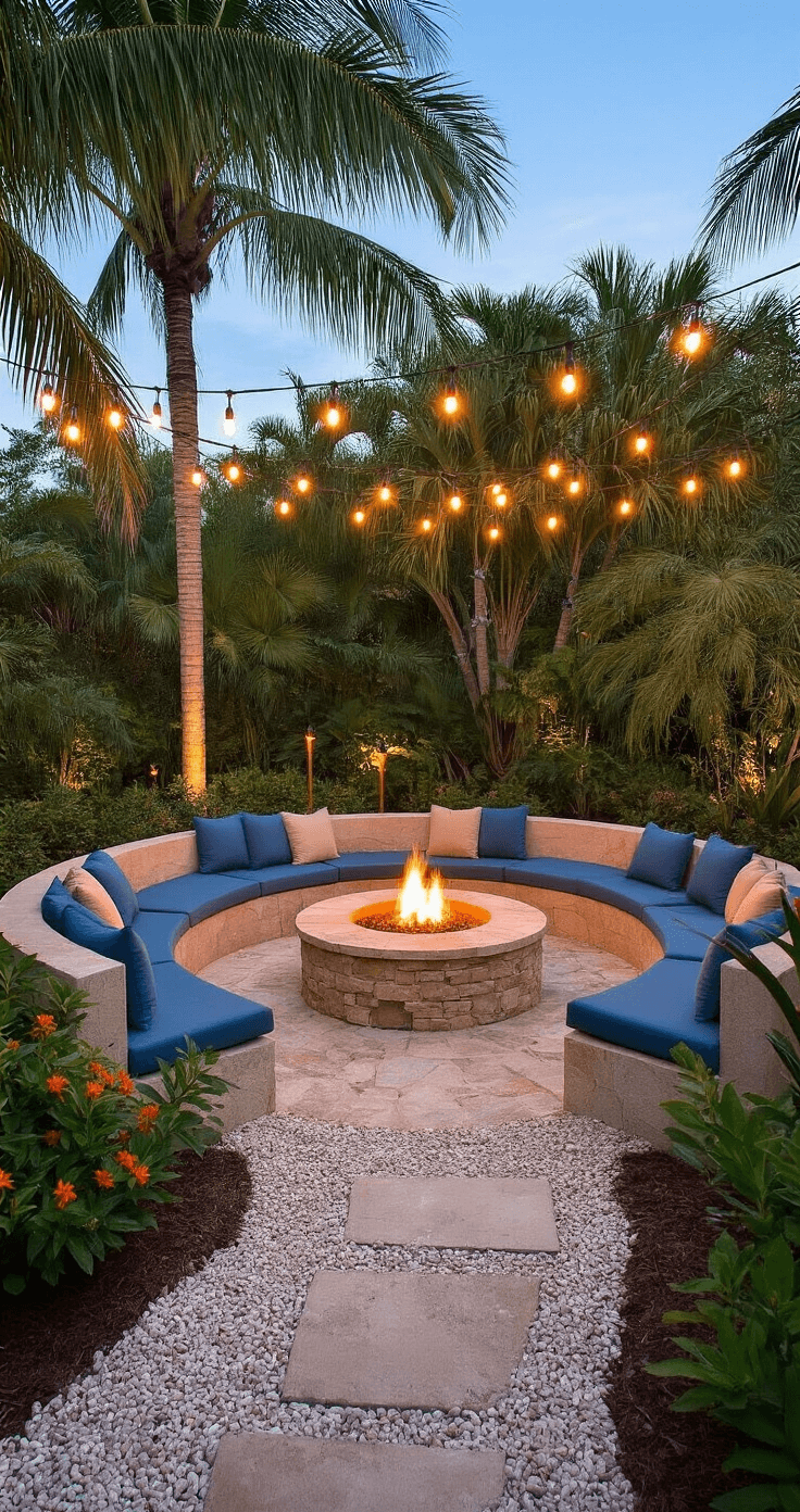 Charming South Florida backyard entertainment zone featuring a cozy fire pit with circular stone surrounded by curved bench seating, illuminated by warm white string lights and tiki torches, amidst native plant borders and decomposed granite pathways during blue hour twilight.