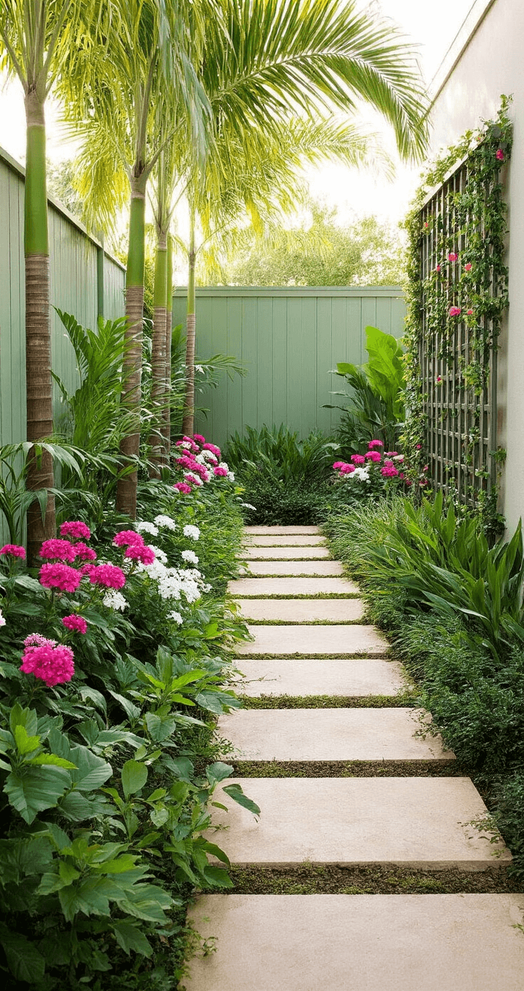 An elegant South Florida side garden features layered plantings in filtered morning light, with slender Foxtail Palms, Cardboard Palms, and colorful Pentas, complemented by spreading Beach Sunflower and Coral Honeysuckle on a modern trellis. A narrow flagstone pathway with moss and sedges winds through the space, bordered by a soft sage green privacy fence adorned with air plants and bromeliads. Weathered driftwood and polished river stones add natural accents, all highlighted by intricate shadows cast by the palms.