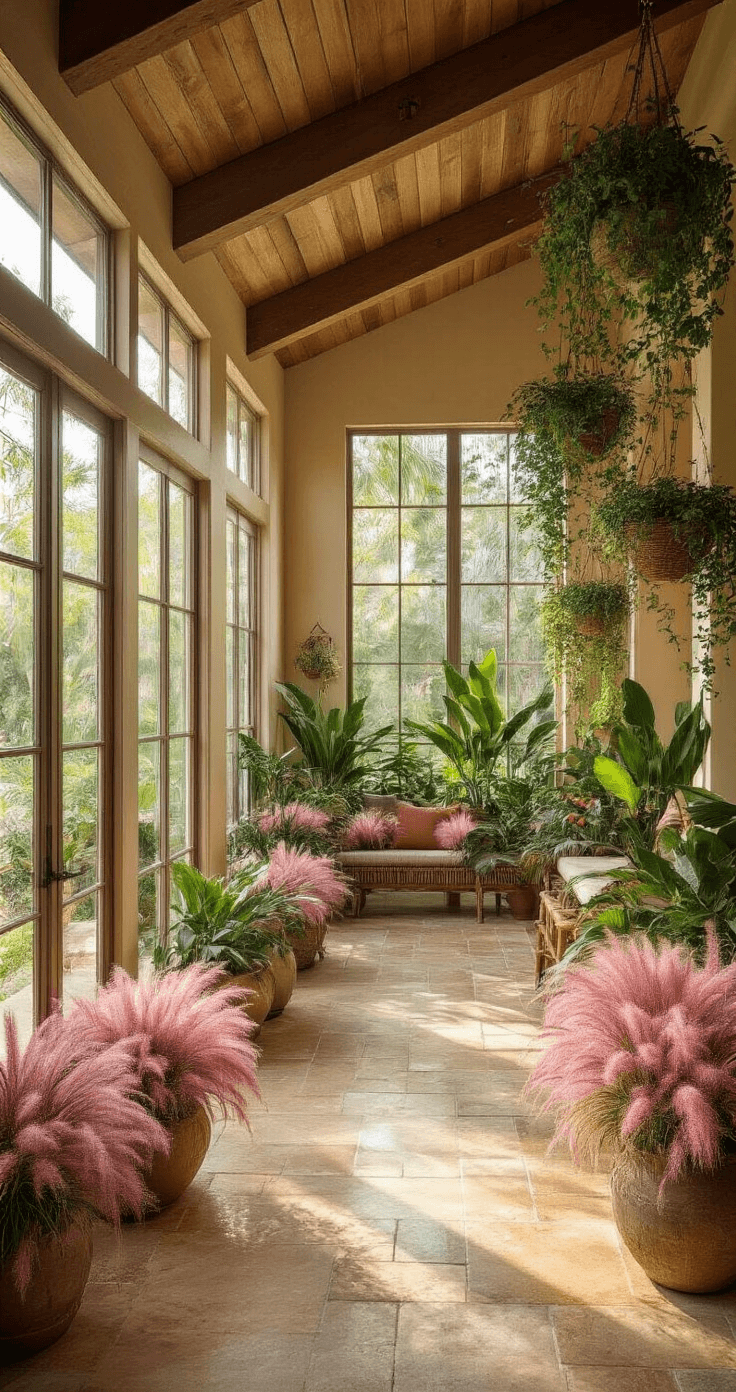 A sunlit modern Florida sunroom featuring a collection of native plants, including Pink Muhly Grass in weathered teak stands, with floor-to-ceiling windows, vaulted ceiling, and natural limestone flooring reflecting warm light. Exposed wooden beams support cascading Passion Flower vines, and the color palette includes sage green, dusty pink, and warm terracotta. The image is captured from a corner entrance using a wide-angle lens.
