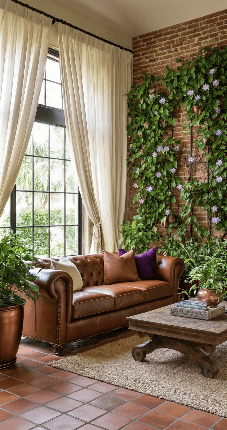 Luxurious Florida living room with butterfly-attracting Milkweed plants in hammered copper planters, cognac leather sectional sofa, and Passion Flower vines on wrought iron trellises, featuring Spanish tile flooring, exposed brick wall, and morning light through sheer linen curtains.