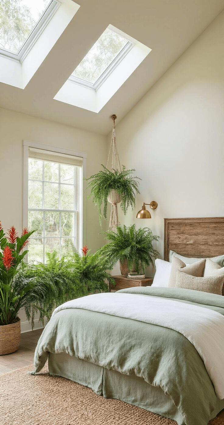 Elegant Florida bedroom featuring native plant design principles with tall Firebush, ferns, and trailing ground covers, complemented by organic linen bedding, reclaimed wood headboard, and brass lighting, all illuminated by soft dawn light.