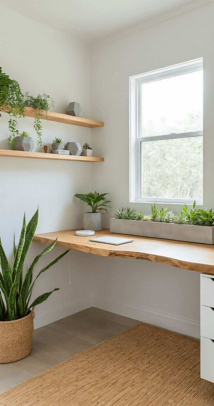 Minimalist Florida home office with white walls and bamboo flooring, featuring a live-edge desk with built-in planters for drought-resistant native plants, illuminated by natural light from a north-facing window.