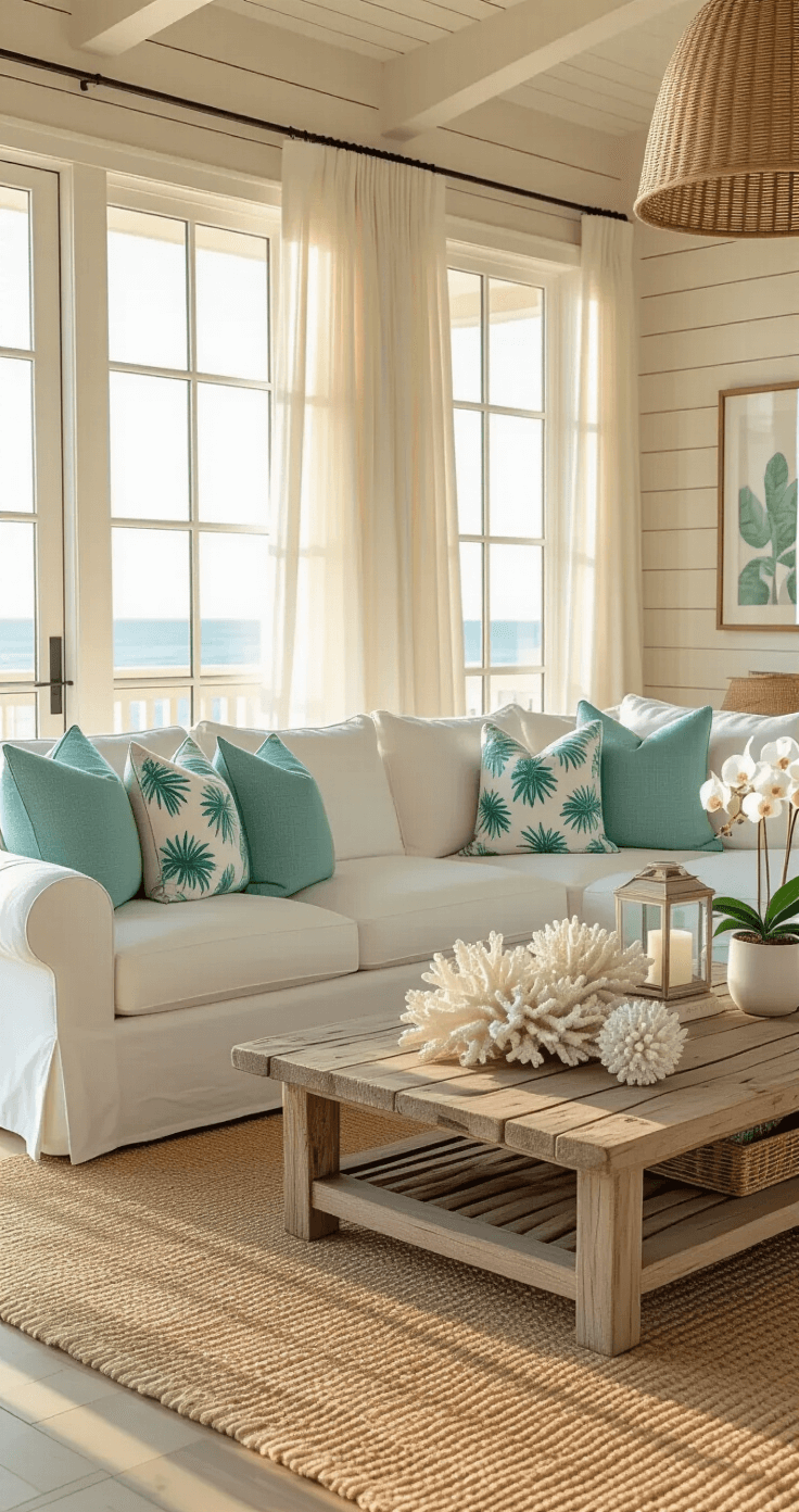 Florida Coastal Interior Design: Transform Your Space with Breezy, Tropical Elegance A spacious open-plan living room featuring a white slipcovered sectional sofa with seafoam green and ocean blue throw pillows, a natural jute area rug, and a weathered driftwood coffee table adorned with coral sculptures, all bathed in golden hour sunlight from floor-to-ceiling windows.