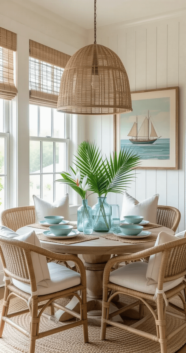 Florida Coastal Interior Design: Transform Your Space with Breezy, Tropical Elegance Intimate dining nook with a round reclaimed teak table surrounded by wicker chairs, featuring sea glass vases with palm fronds and white bird of paradise flowers, set against whitewashed beadboard walls, illuminated by a rattan pendant light, creating a serene morning breakfast scene.