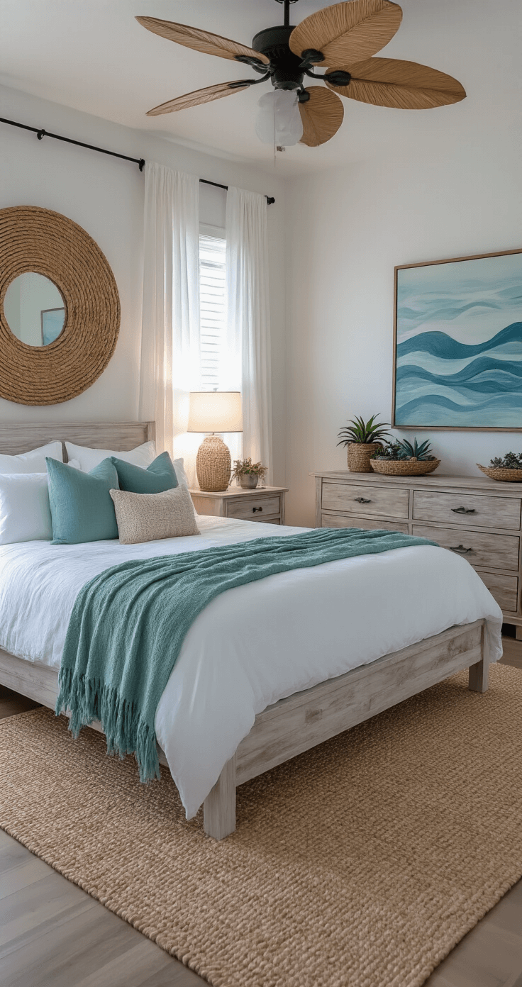 Florida Coastal Interior Design: Transform Your Space with Breezy, Tropical Elegance Master bedroom sanctuary at twilight with ambient lighting, featuring a king-size platform bed in whitewashed wood, crisp white linens, seafoam green throw, nautical rope mirror, weathered cedar dresser with succulents, sisal rug, and oceanview windows framed by gossamer curtains.