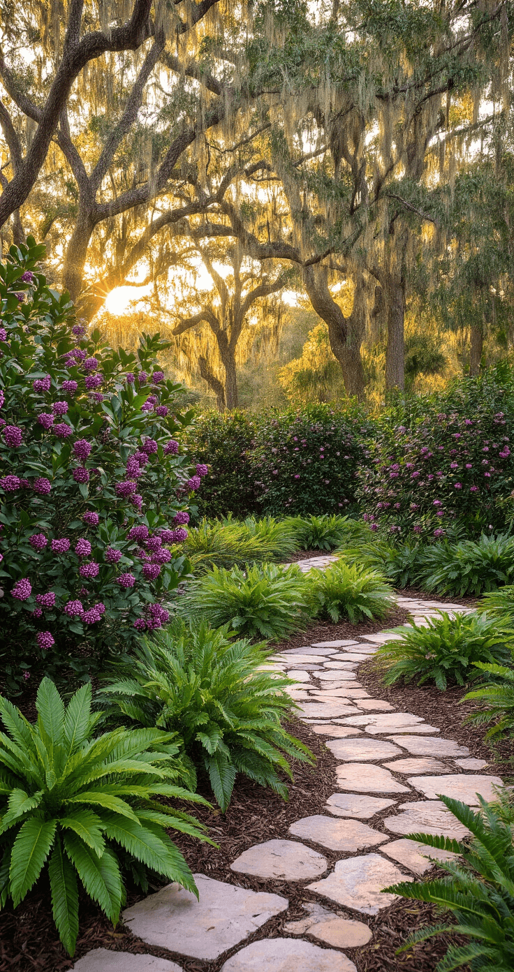 Florida Front Yard Landscaping: Creating a Stunning, Low-Maintenance Tropical Paradise A beautifully landscaped Florida front yard at golden hour, featuring tall Southern magnolia trees, mid-height beautyberry shrubs with purple berries, and low coontie plants. Wispy muhly grass creates ethereal pink-purple clouds, and natural limestone pathways curve through the scene. The image is captured from a low angle, with warm golden backlighting illuminating the grasses.