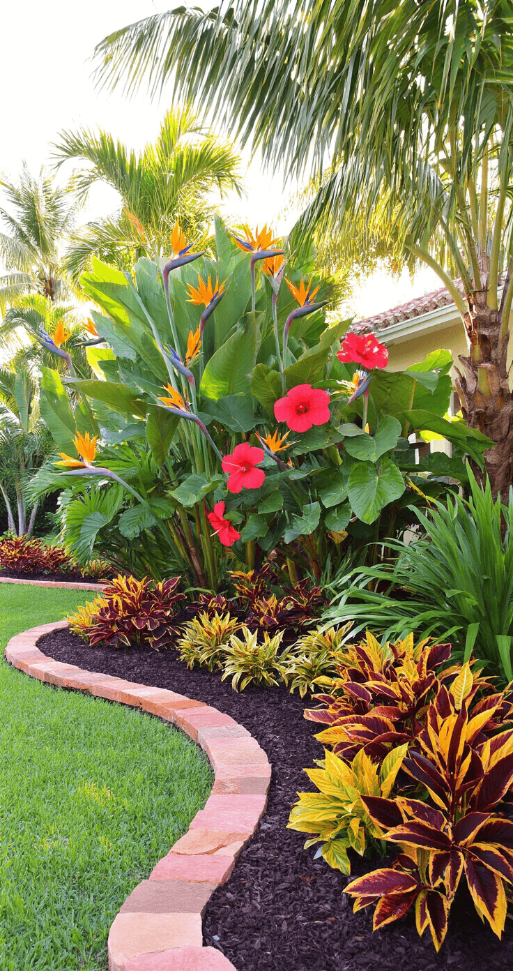 Florida Front Yard Landscaping: Creating a Stunning, Low-Maintenance Tropical Paradise An elegant tropical front yard paradise featuring lush plants like towering bird of paradise, massive hibiscus, and royal palms, bathed in bright morning sunlight with rich jewel tones and polished stone elements.