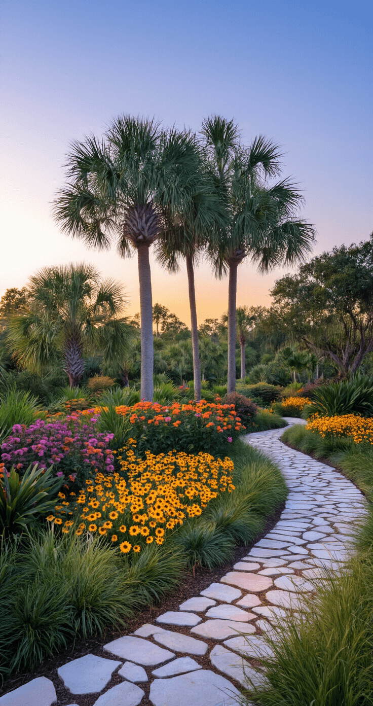 Florida Front Yard Landscaping: Creating a Stunning, Low-Maintenance Tropical Paradise A layered Florida landscape at blue hour, featuring cabbage palms and live oaks overhead, firebush and Simpson's stopper shrubs in the middle, and vibrant beach sunflower and blanket flower in the foreground, with natural flagstone pathways illuminated by LED lighting under a soft twilight glow.