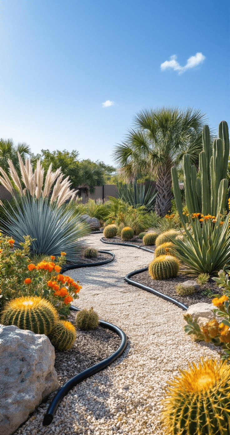 Florida Front Yard Landscaping: Creating a Stunning, Low-Maintenance Tropical Paradise A drought-tolerant Florida front yard featuring silver-blue sea oats, century plants, prickly pear cacti with yellow blooms, and native firebush with orange flowers, set against a backdrop of decomposed granite pathways, weathered limestone boulders, and a modern drip irrigation system, all showcased in a clean, contemporary desert-modern aesthetic under bright midday sunlight.